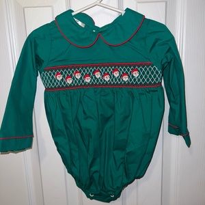 Green Smocked Long-Sleeve Holiday One-Piece for Kids